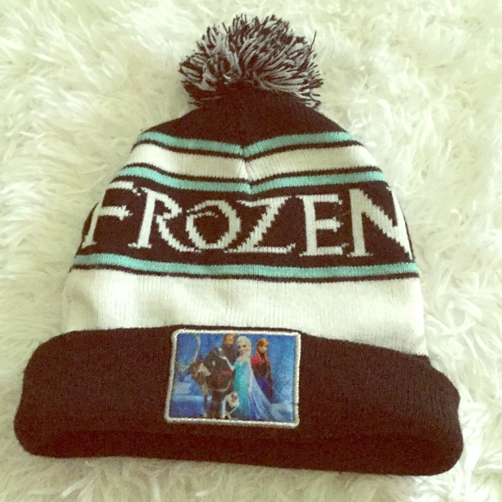 Disney Frozen Girl’s Black Blue Stripe Knit Pom Pom Beanie Winter Hat OS